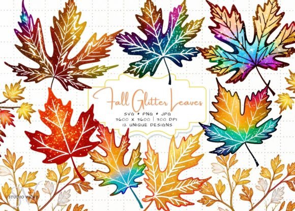 Glitter Fall Leaves SVG PNG Clipart: Graphics & Illustrations