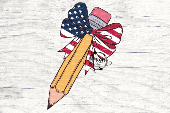 Pencil with American Flag Bow PNG: Graphics & Illustrations
